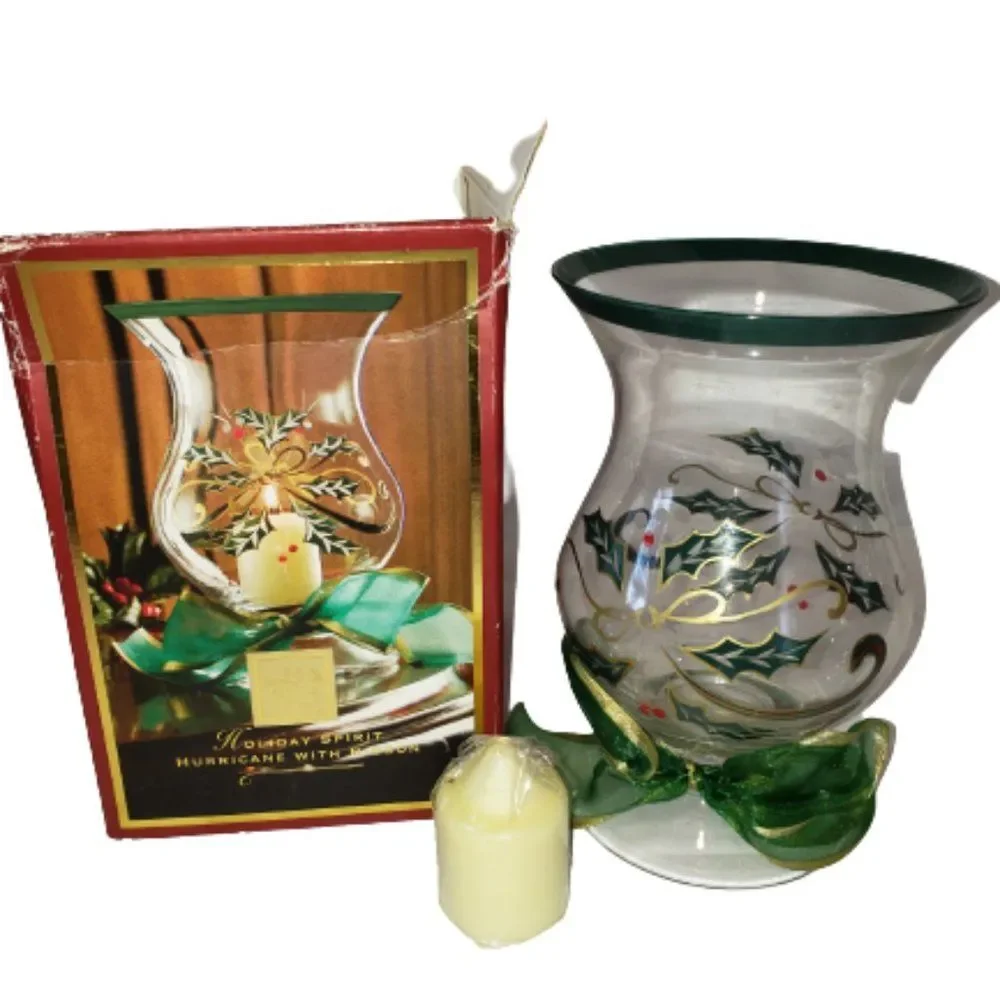 Lenox Holiday Spirit Hurricane with Ribbon Holly Crystal Candle Holder  NIB